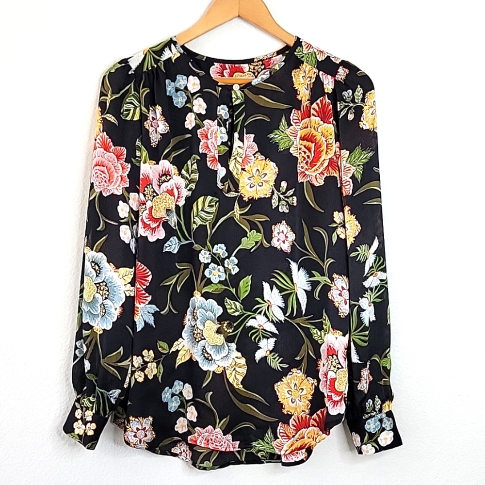 LOFT Ann Taylor Black Colorful Floral Semi Sheer Blouse Size S Flowy Lightweight